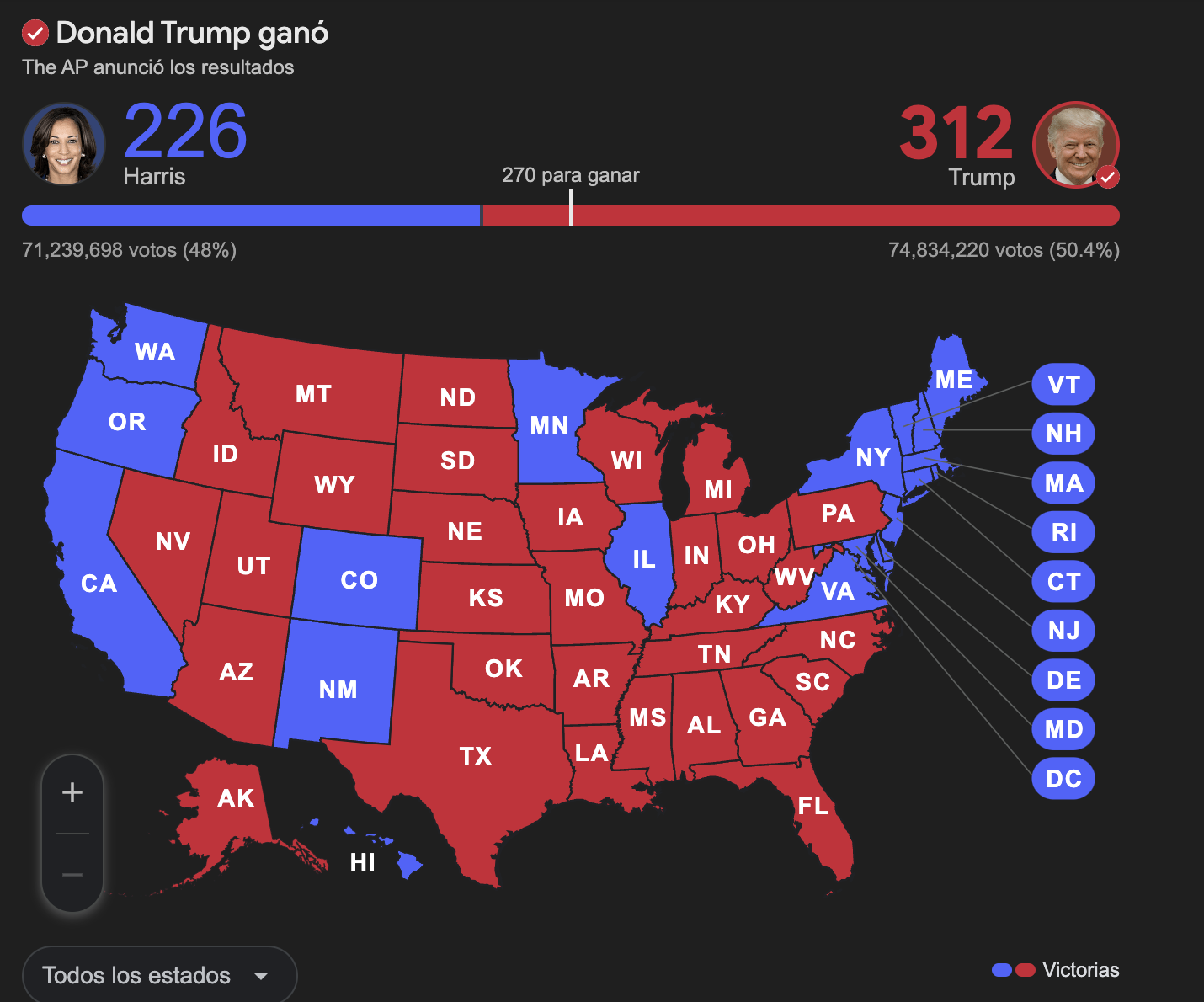 Así quedó el mapa electoral de las elecciones USA 2024